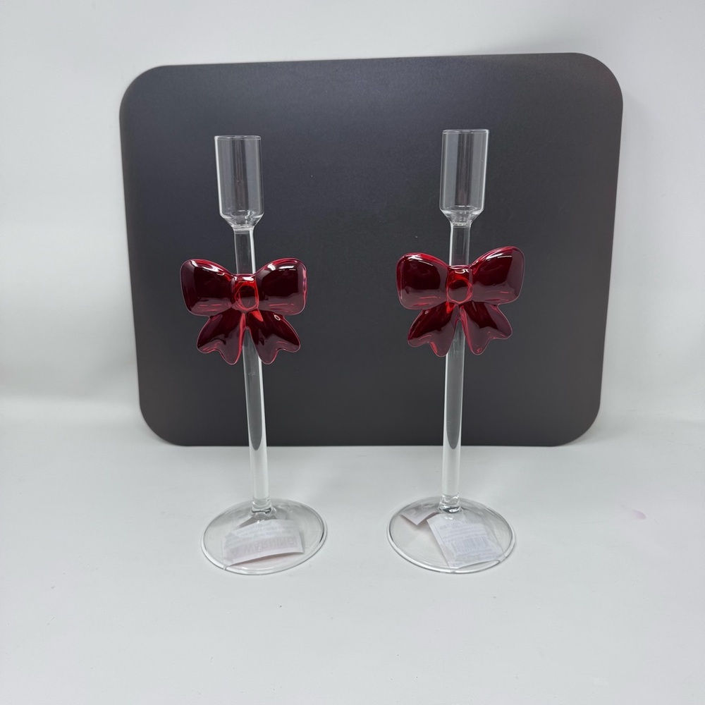 2 Large clear glass Christmas Taper Candle Holder with bow 10” by Holiday Time